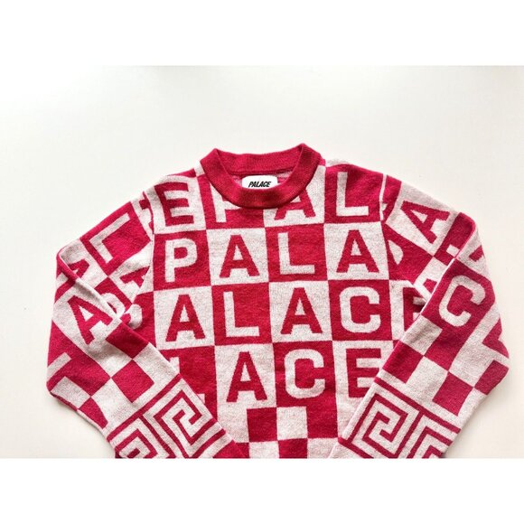 PALACE Check-It Knit Red White Logo Check Wool Blend Crew Neck Sweater, Size L - Picture 5 of 16